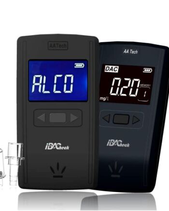 iBACheck Cyfrowy alkomat z możliwością ponownego ładowania z wyjmowanym akumulatorem i niskim zużyciem energii. Tester promili z 8 ustnikami i wyświetlaczem LED (czarny)