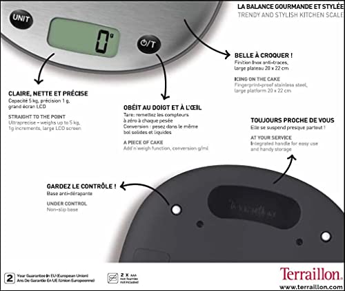 Terraillon 14505 waga kuchenna, funkcja „tara”, wskaźnik cieczy, wycięcie na uchwycie, do 5 kg, macaron, stal nierdzewna, lukrecja, czarna - obrazek 5