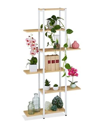 Relaxdays Metalowy regał na kwiaty, 6-stopniowy, do wnętrz, imitacja drewna, wys. x szer. x gł.: 150 x 78 x 24 cm, regał na rośliny, jasnobrązowy