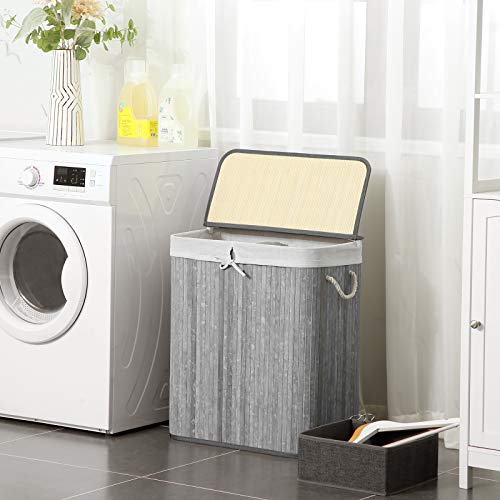 SONGMICS Bambusowy kosz na pranie 100 l, kosz na pranie z 2 przegródkami, kosz do sortowania prania z pokrywą i wyjmowanym workiem na pranie, uchwyty z bawełny, retro szary LCB74GW - obrazek 6