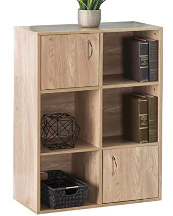 BAKAJI Mobile Regał Regał 6 Półki z 2 drzwiami magnesów i metalowy uchwyt MDF Nowoczesna konstrukcja dla domu biurowego Rozmiar 80 x 61,5 x 29,5 cm (Dąb)