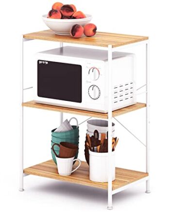 Półki do przechowywania, 3-poziomowa półka, półka mikrofalowa, metalowe półki, organizery półek, wytrzymała półka, wolnostojąca, półka drabinkowa do kuchni, garażu, sypialni, przedpokoju, biała stal + drewniana