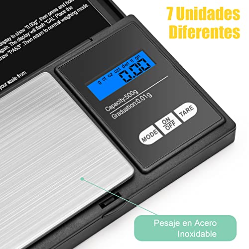 Brencco Cyfrowa waga kieszonkowa 500g / 0.01g waga precyzyjna (7 jednostek) Elektroniczna waga z podświetlanym wyświetlaczem LCD, przenośna mini waga do kuchni/kawy/podróży/leków, Czarna - obrazek 7