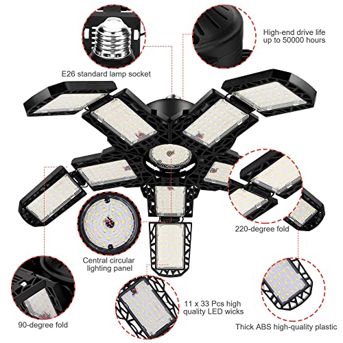 Lampa warsztatowa, lampa sufitowa LED, 160 W, 18000 lm, E27, 6500 K, lampa garażowa LED z 10 regulowanymi panelami i 363 diodami LED, do warsztatu, wiaty garażowej, piwnicy - obrazek 9