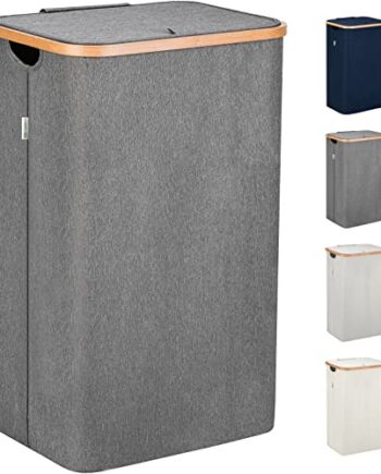 Lonbet - Kosz na pranie z pokrywką duży - XXL 100 litrów - kosz na pranie drewno bambusowe - kosz na pranie szary z uchwytami - szary Laundry Basket - Laundry Hamper with Lid