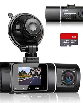 Abask kamera na deskę rozdzielczą, kamera samochodowa z podwójnym 1080P Full HD, widzenie nocne w podczerwieni, WDR, tryb parkowania, wykrywanie ruchu, wykrywanie wypadków, nagrywanie w pętli