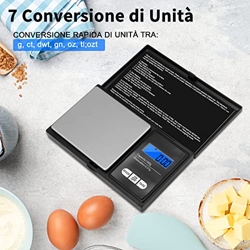 Vinabo waga kuchenna 500 g / 0,01g, przenośna waga na biżuterię, cyfrowa waga precyzyjna, z wyświetlaczem LCD i 7 sztuk, funkcja tarowania, do kuchni, kawy, lekarstw, biżuteria, czarna - obrazek 4