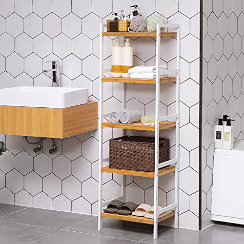 SONGMICS Bambusowy regał kuchenny, regał łazienkowy, regał na książki, regał stojący z 5 półkami, 31,5 x 45 x 142 cm, do łazienki, kuchni, salonu, sypialni, na balkon, kolor naturalny BCB75WN - obrazek 3