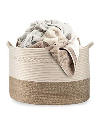 Duży kocyk linowy, kosz linowy, naturalny bawełniany tkany kosz do przechowywania, duży kosz, kosz na koc, salon, kosz na zabawki, okrągły kosz 55 x 35 cm, żółty