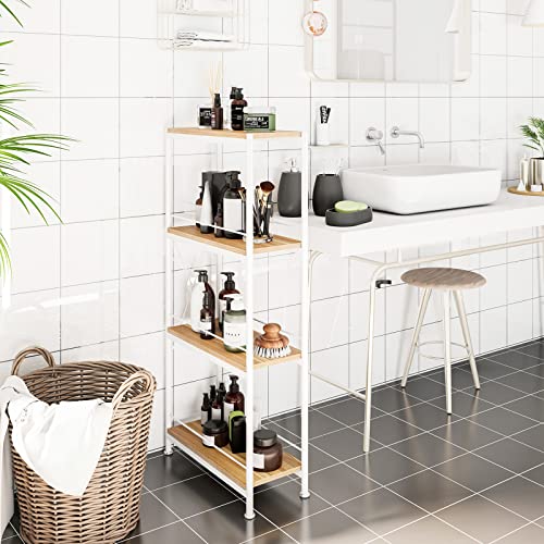 JRAO 4-poziomowa półka, półka, plus wąskie półki do przechowywania, organizery, półki, wolnostojące, metalowe półki, regał drabinkowy, regał na książki, nowoczesny regał do kuchni, łazienki, sypialni, przedpokoju, biała stal + drewno - obrazek 8