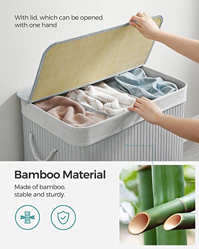 SONGMICS Kosz na pranie z pokrywą, zbieracz prania 3 komory, sorter prania, 150 litrów, pojemnik na pranie z uchwytami, pokrywa z klipsami, składany, do pralni, sypialni, łazienki, szary LCB091G01 - obrazek 5