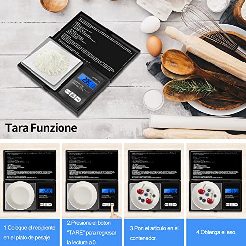 Vinabo waga kuchenna 500 g / 0,01g, przenośna waga na biżuterię, cyfrowa waga precyzyjna, z wyświetlaczem LCD i 7 sztuk, funkcja tarowania, do kuchni, kawy, lekarstw, biżuteria, czarna - obrazek 5