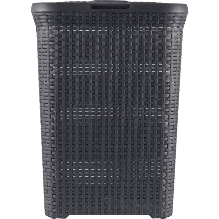 CURVER Skrzynka na pranie w stylu 60L - Brudna taca na bieliznę z pokrywką - Teksturowany wygląd rattanu, Dobra wentylacja - ergonomiczne uchwyty - do łazienki lub pralni - 45 x 34 x 62 cm - antracyt - obrazek 4