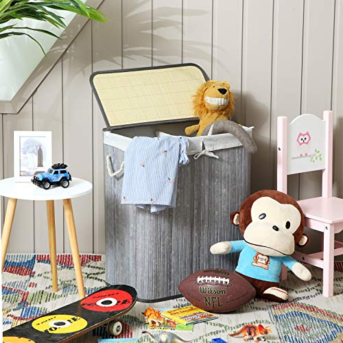 SONGMICS Bambusowy kosz na pranie 100 l, kosz na pranie z 2 przegródkami, kosz do sortowania prania z pokrywą i wyjmowanym workiem na pranie, uchwyty z bawełny, retro szary LCB74GW - obrazek 5