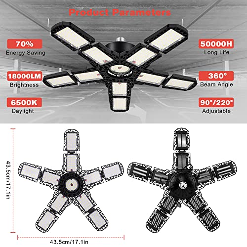 Lampa warsztatowa, lampa sufitowa LED, 160 W, 18000 lm, E27, 6500 K, lampa garażowa LED z 10 regulowanymi panelami i 363 diodami LED, do warsztatu, wiaty garażowej, piwnicy - obrazek 8
