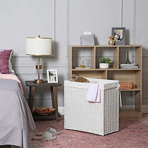 SONGMICS Kosz na pranie ręcznie pleciony, kosz na pranie z syntetycznego rattanu, z pokrywą i uchwytami, do sortowania prania, składany, wyjmowany worek na pranie, kolor biały, 110 l, LCB52WT - obrazek 7