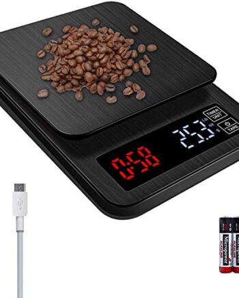 Cyfrowa waga do kawy, elektryczna waga kuchenna z timerem, funkcja obierania, wielofunkcyjna, profesjonalna, precyzyjny wyświetlacz LED ze stali nierdzewnej, 5 kg / 0,1 g (w zestawie akumulator i kabel do ładowania USB)
