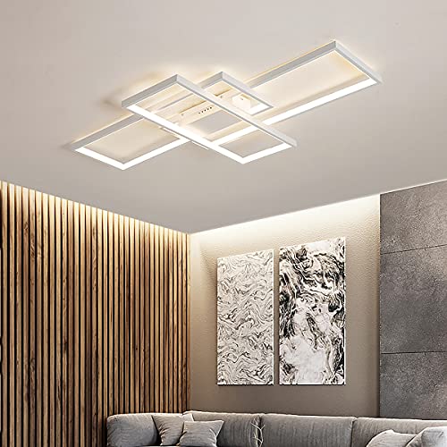 Lampa sufitowa LED, przyciemniana, z pilotem zdalnego sterowania, 3000–6000 K, nieregularny, prostokątny kształt, akrylowa, do salonu, kuchni, energooszczędna, dekoracyjna, biała, 140 x 80 cm / 115 W - obrazek 7