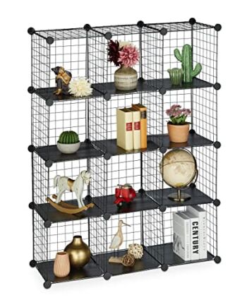 Relaxdays Regał wtykowy z siatki drucianej, 12 przegródek, system regałów, kostka, wkładka z tworzywa sztucznego, wys. x szer. x gł.: 126 x 95 x 31,5 cm, czarny