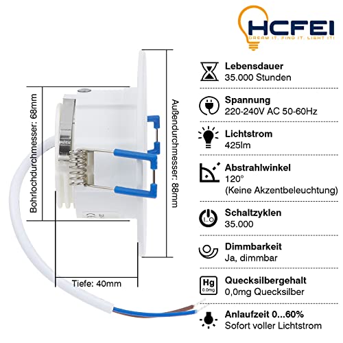 HCFEI Zestaw 6 okrągłych reflektorów LED do zabudowy, białe, 5 W, ciepła biel, możliwość ściemniania, 230 V, płaskie (głębokość 40 mm), Ø 68 mm, otwór do zabudowy, reflektor sufitowy do zabudowy, reflektor sufitowy - obrazek 9