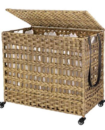 SONGMICS Kosz na pranie, ręcznie pleciony, z polirattanu, z 3 przegródkami, pokrywką i uchwytami, wyjmowane kieszenie, do salonu, sypialni, pralni, kolor naturalny LCB083N01