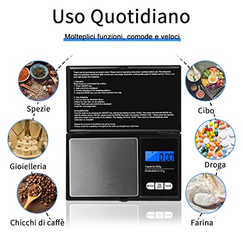Vinabo waga kuchenna 500 g / 0,01g, przenośna waga na biżuterię, cyfrowa waga precyzyjna, z wyświetlaczem LCD i 7 sztuk, funkcja tarowania, do kuchni, kawy, lekarstw, biżuteria, czarna - obrazek 7