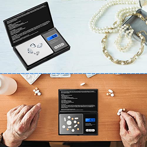 Vinabo waga kuchenna 500 g / 0,01g, przenośna waga na biżuterię, cyfrowa waga precyzyjna, z wyświetlaczem LCD i 7 sztuk, funkcja tarowania, do kuchni, kawy, lekarstw, biżuteria, czarna - obrazek 3