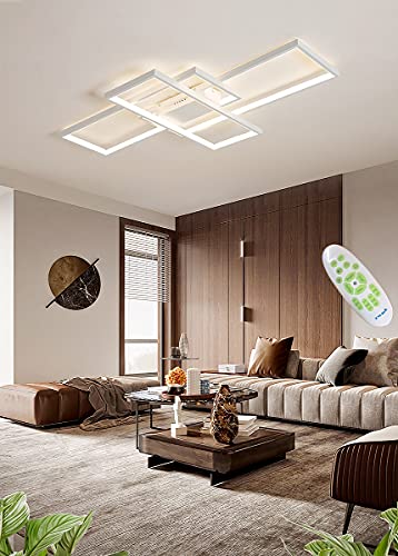 Lampa sufitowa LED, przyciemniana, z pilotem zdalnego sterowania, 3000–6000 K, nieregularny, prostokątny kształt, akrylowa, do salonu, kuchni, energooszczędna, dekoracyjna, biała, 140 x 80 cm / 115 W - obrazek 6