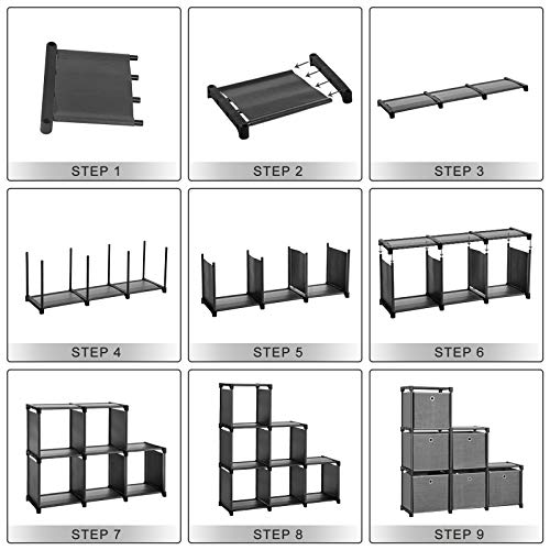 SONGMICS LSN66BK regał wtykowy, system przechowywania z 6 pojemnikami z materiału, wielofunkcyjna, z wytrzymałą metalową ramą, młotek gumowy 105 x 105 x 30 (szer. x wys. x głęb.), kolor czarny - obrazek 3