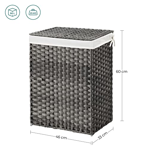 SONGMICS Kosz na bieliznę ręcznie tkany, 90 L, kosz na pranie z rattanu syntetycznego, z pokrywą i uchwytami, składany, torba na pranie wyjmowana, szary LCB51WG - obrazek 5