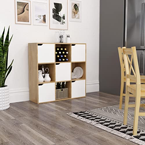 Meerveil Szafka na książki, regał do przechowywania, 9 półek z 5 drzwiami, nowoczesny styl, nadaje się do biura, gabinetu, salonu, korytarza i innych pomieszczeń, kolory dębu - obrazek 9