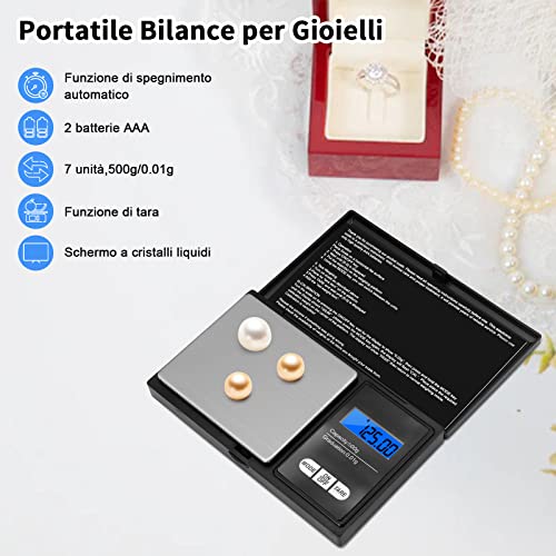 Vinabo waga kuchenna 500 g / 0,01g, przenośna waga na biżuterię, cyfrowa waga precyzyjna, z wyświetlaczem LCD i 7 sztuk, funkcja tarowania, do kuchni, kawy, lekarstw, biżuteria, czarna - obrazek 6