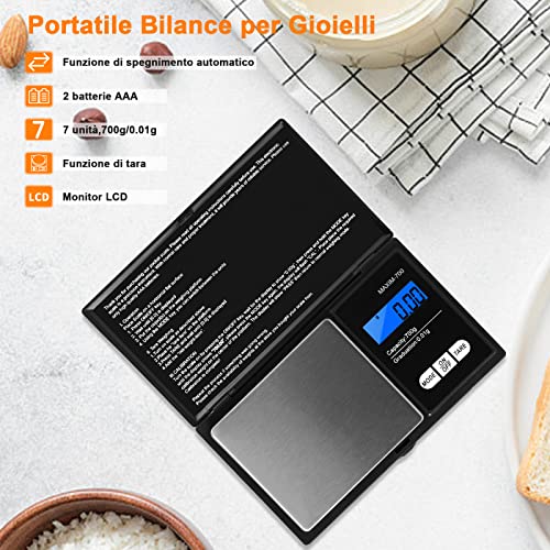 Vinabo waga precyzyjna 700 g / 0,01g, waga kuchenna, przenośna waga biżuterii, waga kieszonkowa Pro, z wyświetlaczem LCD i 7 jednostkami, funkcja tary, do kuchni, kawy - obrazek 6