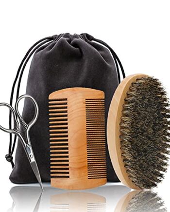 Natural Boar Bristle profesjonalny grzebień do brody i profesjonalny zestaw nożyczek do pielęgnacji brody, nanoszenie olejku do brody Beard Brush dla mężczyzn do pielęgnacji brody i projektowania drewniany grzebień kieszonkowy
