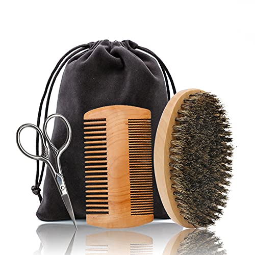 Natural Boar Bristle profesjonalny grzebień do brody i profesjonalny zestaw nożyczek do pielęgnacji brody, nanoszenie olejku do brody Beard Brush dla mężczyzn do pielęgnacji brody i projektowania drewniany grzebień kieszonkowy