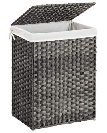 SONGMICS Kosz na bieliznę ręcznie tkany, 90 L, kosz na pranie z rattanu syntetycznego, z pokrywą i uchwytami, składany, torba na pranie wyjmowana, szary LCB51WG