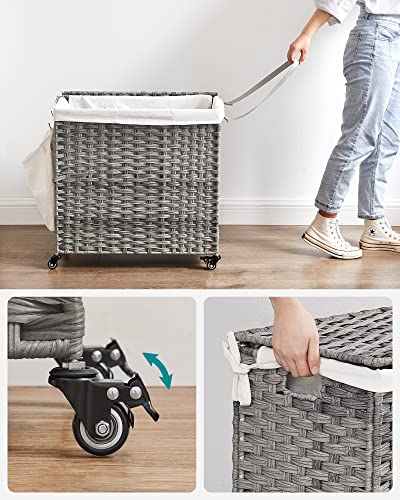 SONGMICS Kosz na bieliznę, ręcznie tkany, zbieracz prania, 140 L, wykonany z polirattanu, z 3 przegródkami, wyjmowana torba, pokrywa, uchwyty, do salonu, łazienki, 66 x 33 x 60 cm, szary LCB363G01 - obrazek 3