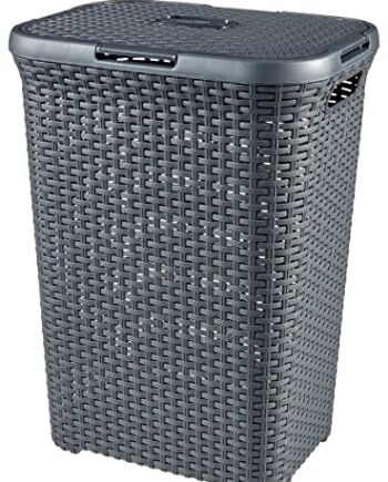 CURVER Skrzynka na pranie w stylu 60L - Brudna taca na bieliznę z pokrywką - Teksturowany wygląd rattanu, Dobra wentylacja - ergonomiczne uchwyty - do łazienki lub pralni - 45 x 34 x 62 cm - antracyt
