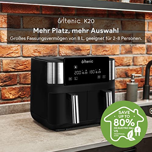 Ultenic K20 Bezolejowa frytkownica z podwójną szufladą, Air Fryer z 6 programami, frytkownica powietrzna 7,6 l z podwójnym koszem, francuskie menu online, podgrzewanie, ekran dotykowy LED, 2850 W - obrazek 6