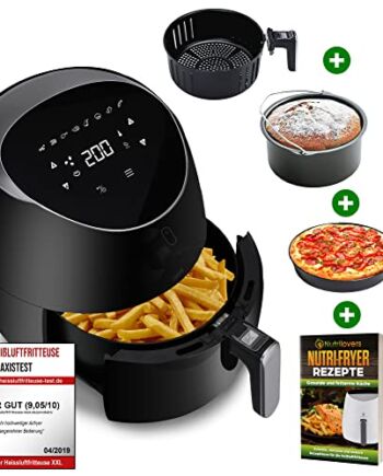 NUTRI-FRYER frytkownica na gorące powietrze, zestaw XXL, 2000 W, 5 l Power Airfryer, duża, filtr Cool Touch, cyfrowy ekran dotykowy, timer, frytkownica bez tłuszczu i oleju, blacha do pizzy + pojemnik + książka z przepisami, czarna