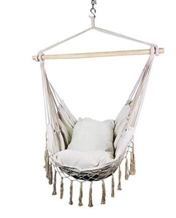 HI SUYI makrama leżąca wisząca lina hamak krzesło ganek huśtawka siedzenie do wewnątrz lub na zewnątrz ogród patio sypialnia z poduszką i drewnianym barem