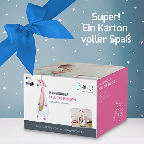 Snuutje Wisząca huśtawka dla dzieci (sprawdzona pod kątem obecności substancji szkodliwych i z certyfikatem GS, wykonana w 100% z bawełny, wytrzymuje obciążenie do 80 kg, z akcesoriami) jednorożec - obrazek 2