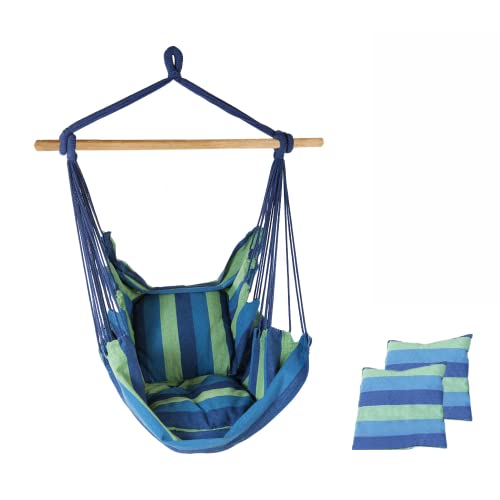 Fotel Wiszący Bawełniany z 2 Poduszkami i Podpórka do Drewna. Hamak do Siedzenia do Użytku do Wewnątrz i na Zewnątrz (Dom, Pokój Dziecięcy, Ogród) Obciążenie120kg. (130x100cm)