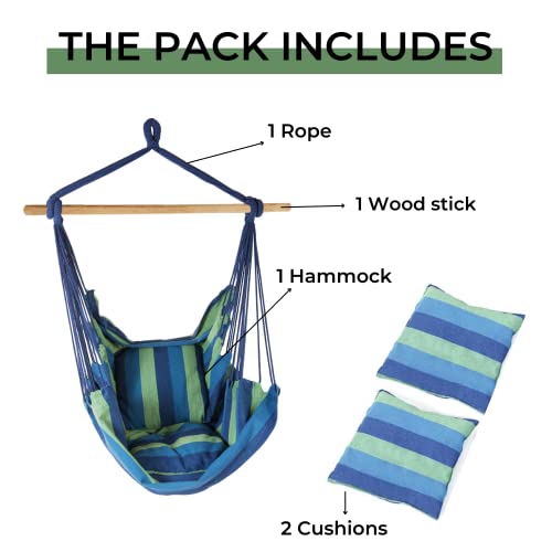 Fotel Wiszący Bawełniany z 2 Poduszkami i Podpórka do Drewna. Hamak do Siedzenia do Użytku do Wewnątrz i na Zewnątrz (Dom, Pokój Dziecięcy, Ogród) Obciążenie120kg. (130x100cm) - obrazek 7