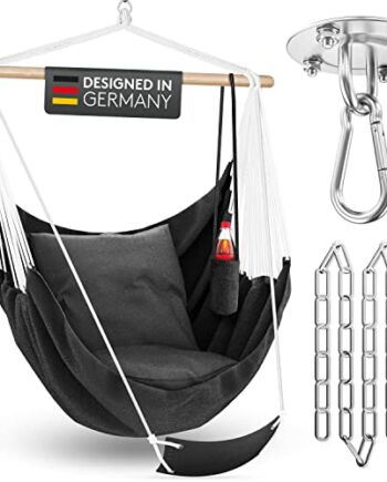 Wellax Fotel wiszący z podnóżkiem – odporny na warunki atmosferyczne fotel wiszący do 150 kg – fotel wiszący z uchwytem na napoje i kieszenią na książki – huśtawka wisząca do użytku wewnątrz i na zewnątrz