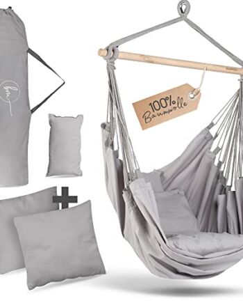 BELLAMATILDA fotel wiszący, 100% bawełna, bardzo długi i 3 poduszki, krzesło wiszące, do użytku na zewnątrz i wewnątrz, XXL dla dorosłych i dzieci, do 150 kg, do ogrodu, salonu, na balkon (jasnoszary)