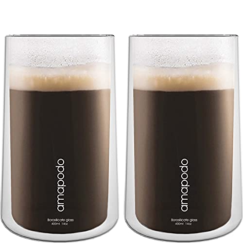 amapodo Szklanki do latte macchiato - szklanki z podwójnymi ściankami 2 x 400 ml - szklanki termiczne - zestaw szklanek do kawy - szklanki do herbaty z podwójnymi ściankami - szklanki do cappucino - prezenty dla kobiet - filiżanki do kawy ze szkła