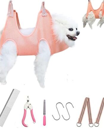 ZOSEN Hamak do pielęgnacji zwierząt domowych, dla małych psów i kotów, zestaw naczyń do pielęgnacji, pas dla psów z obcinaczem do paznokci/pilnikiem do paznokci/grzebieniem dla zwierząt domowych (różowy, S)