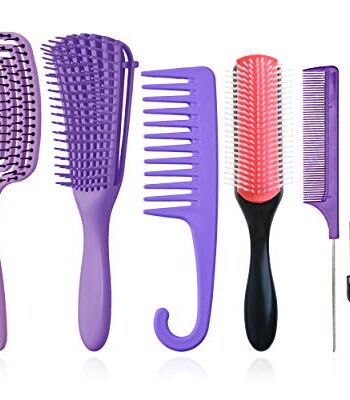 Zestaw 8 szczotek do rozczesywania włosów, 9-rzędowa poduszka nylonowa, szczotka do szamponu, wentylowana szczotka do stylizacji, grzebień do masażu, grzebienie do włosów do oddzielania, kształtowania i definiowania loków, mokrych/suchych włosów afro (fioletowy)