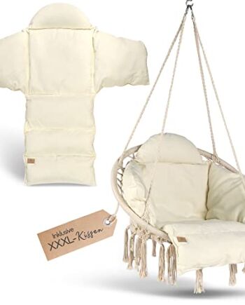 BELLAMATILDA fotel wiszący z koszem i poduszką XXL | bardzo miękki fotel wiszący do użytku na zewnątrz i wewnątrz | XXL fotel wiszący dla dorosłych i dzieci do 150 kg | do ogrodu, salonu, na balkon (beżowy)